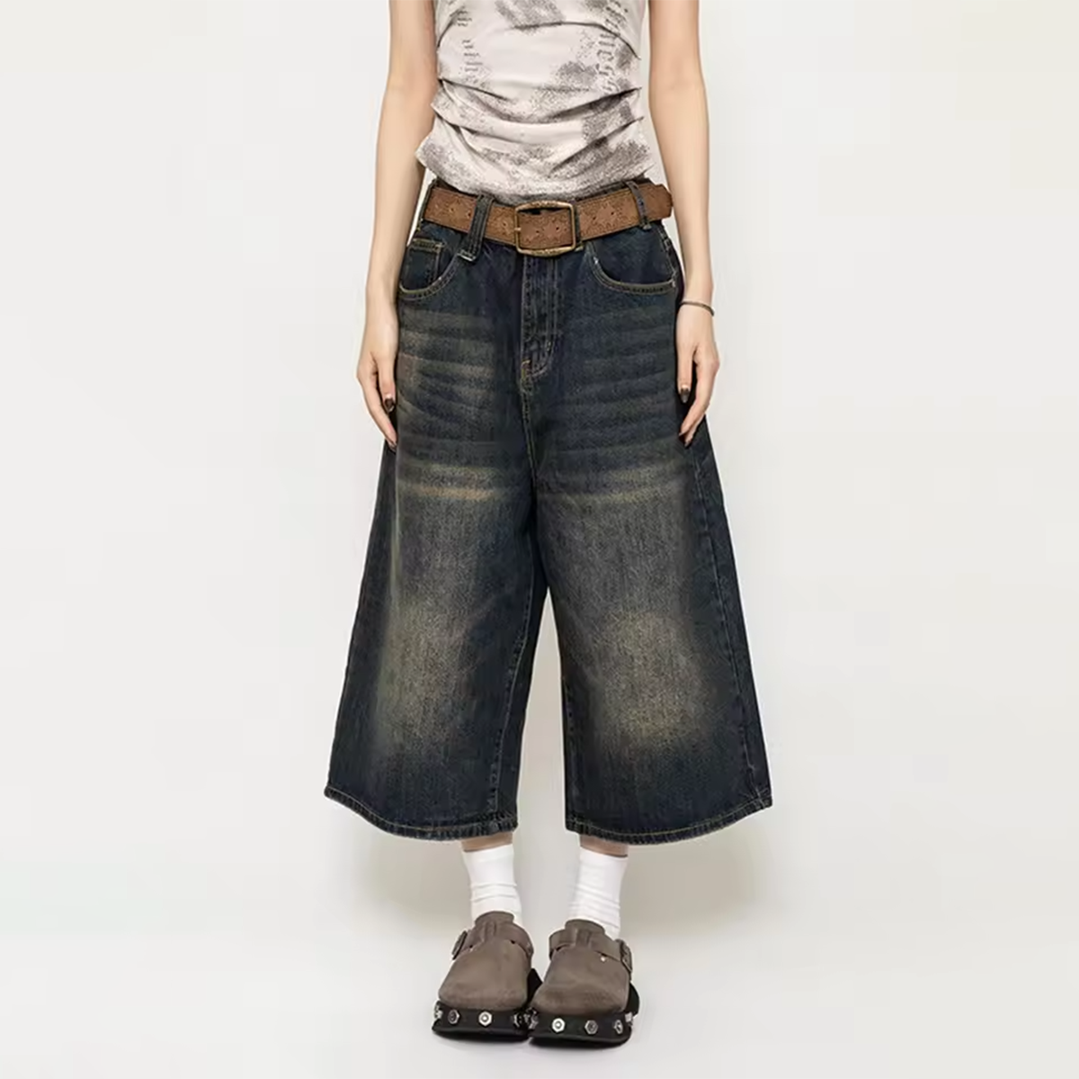 High Waist Black Retro Washed Denim Shorts Y2K Streetwear Mid Long Wide Leg Pants