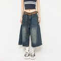 High Waist Black Retro Washed Denim Shorts Y2K Streetwear Mid Long Wide Leg Pants