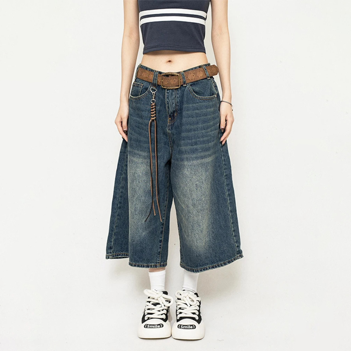 High Waist Black Retro Washed Denim Shorts Y2K Streetwear Mid Long Wide Leg Pants