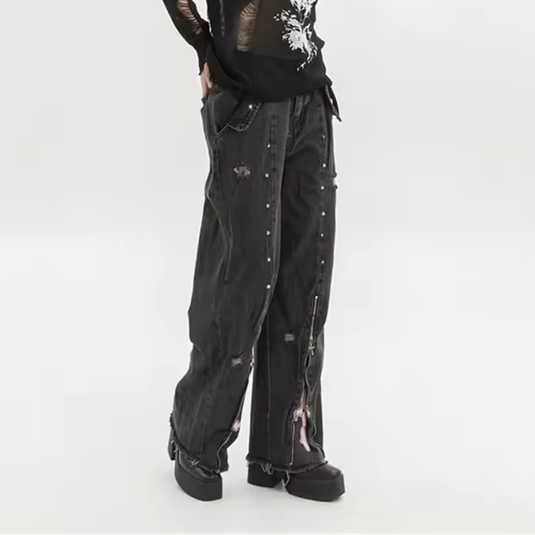 Black Gothic Jeans 90s Aesthetic Y2K Oversize Denim Trousers Vintage Emo 2000s Trashy Jean Pants
