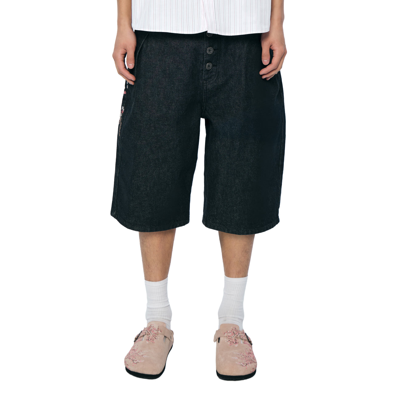 Harajuku Y2K Cherry Blossom Embroidered Black Denim Shorts