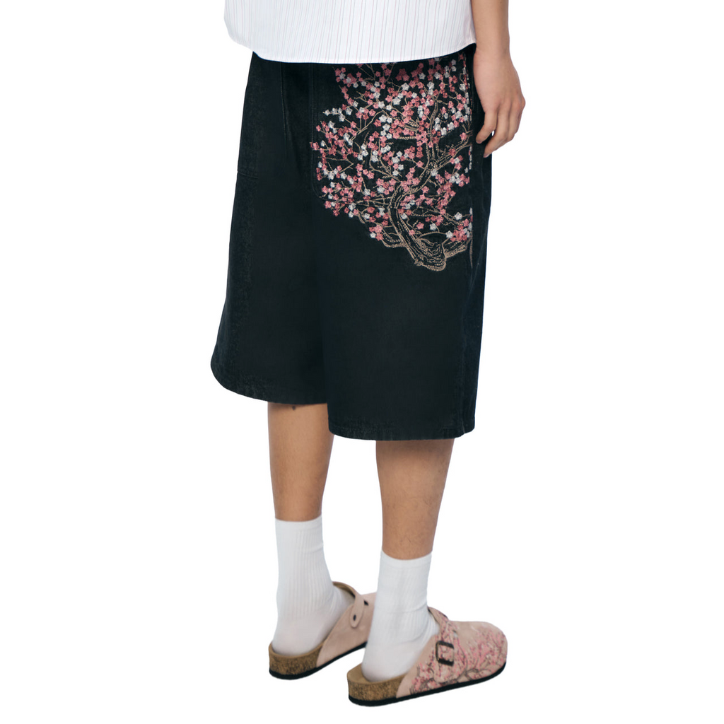 Harajuku Y2K Cherry Blossom Embroidered Black Denim Shorts