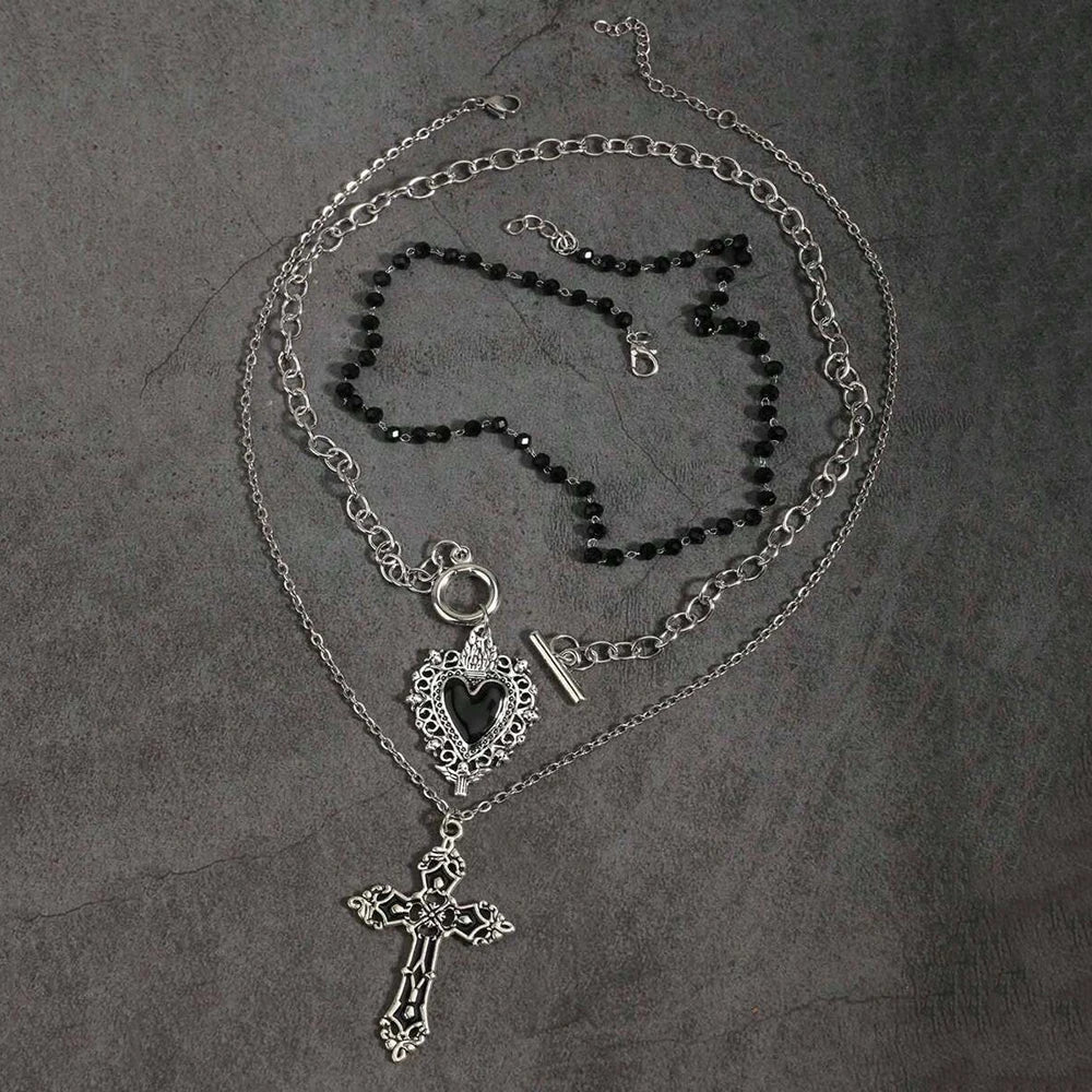 3 Pieces of Retro Gothic Bead Black Y2K Punk Rock Heart Necklace