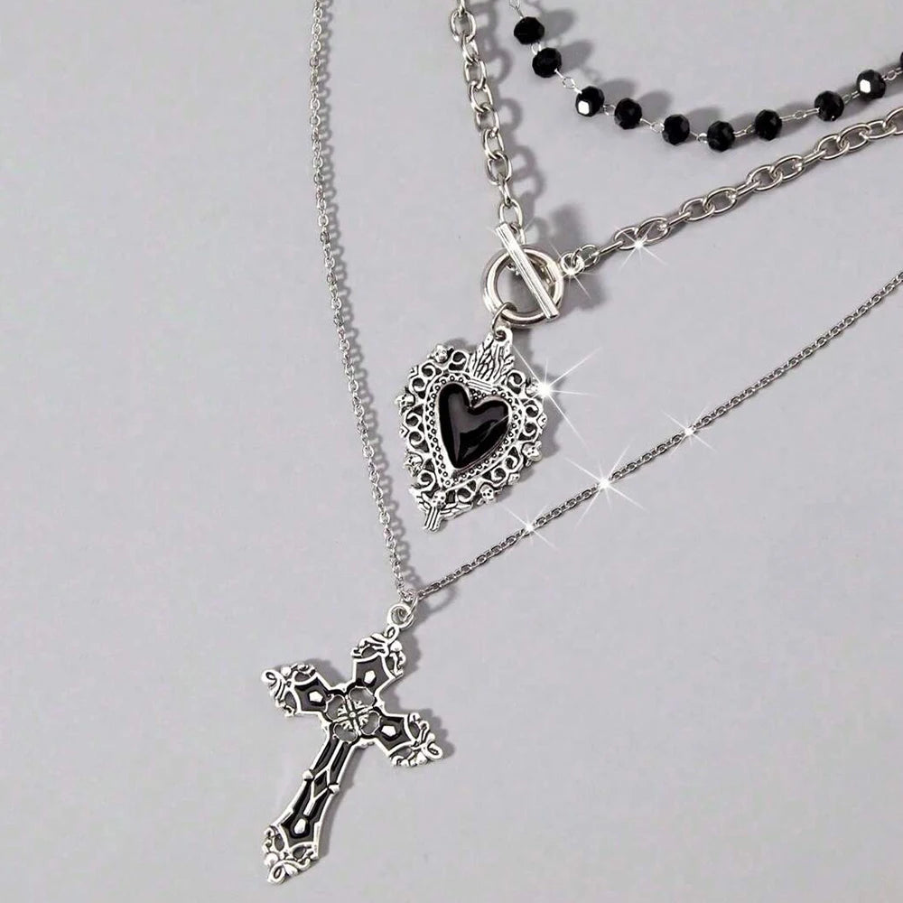 3 Pieces of Retro Gothic Bead Black Y2K Punk Rock Heart Necklace