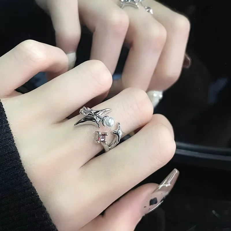 Y2K Style Irregular Star Crystal & Pearl Ring Set: Adjustable Open-Cuff Stackable Rings