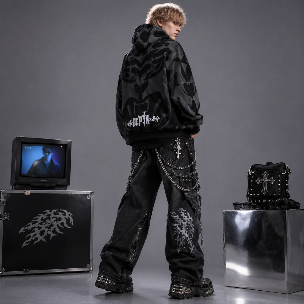 Y2K Opium Core Tribal Tribal Graphic Oversized Heavyweight Zipper Hoodie