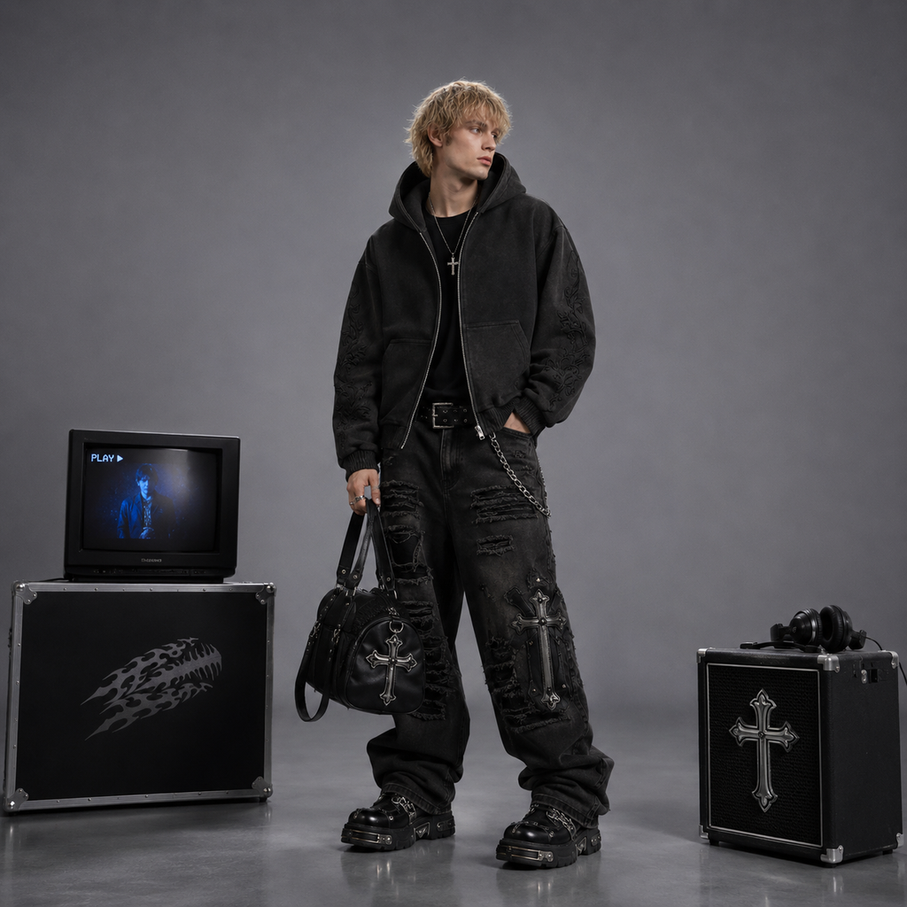 Y2K Summer New Streetwear Gothic Embroidery Hoodie Men Zip Up Loose