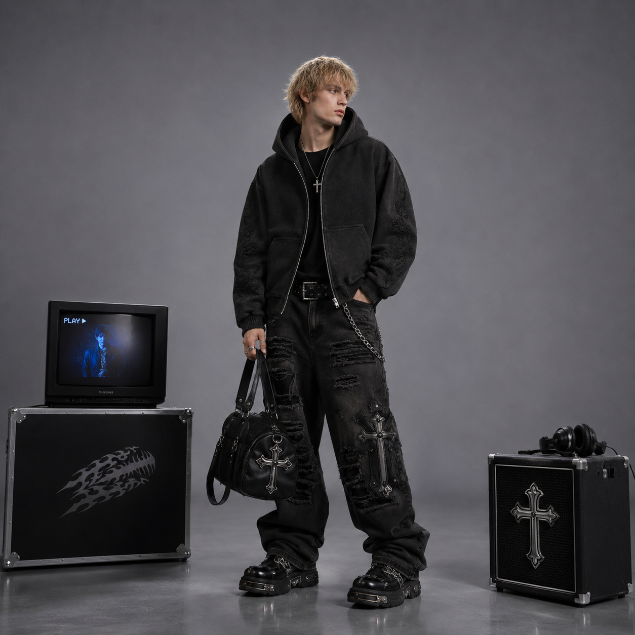 Y2K Summer New Streetwear Gothic Embroidery Hoodie Men Zip Up Loose