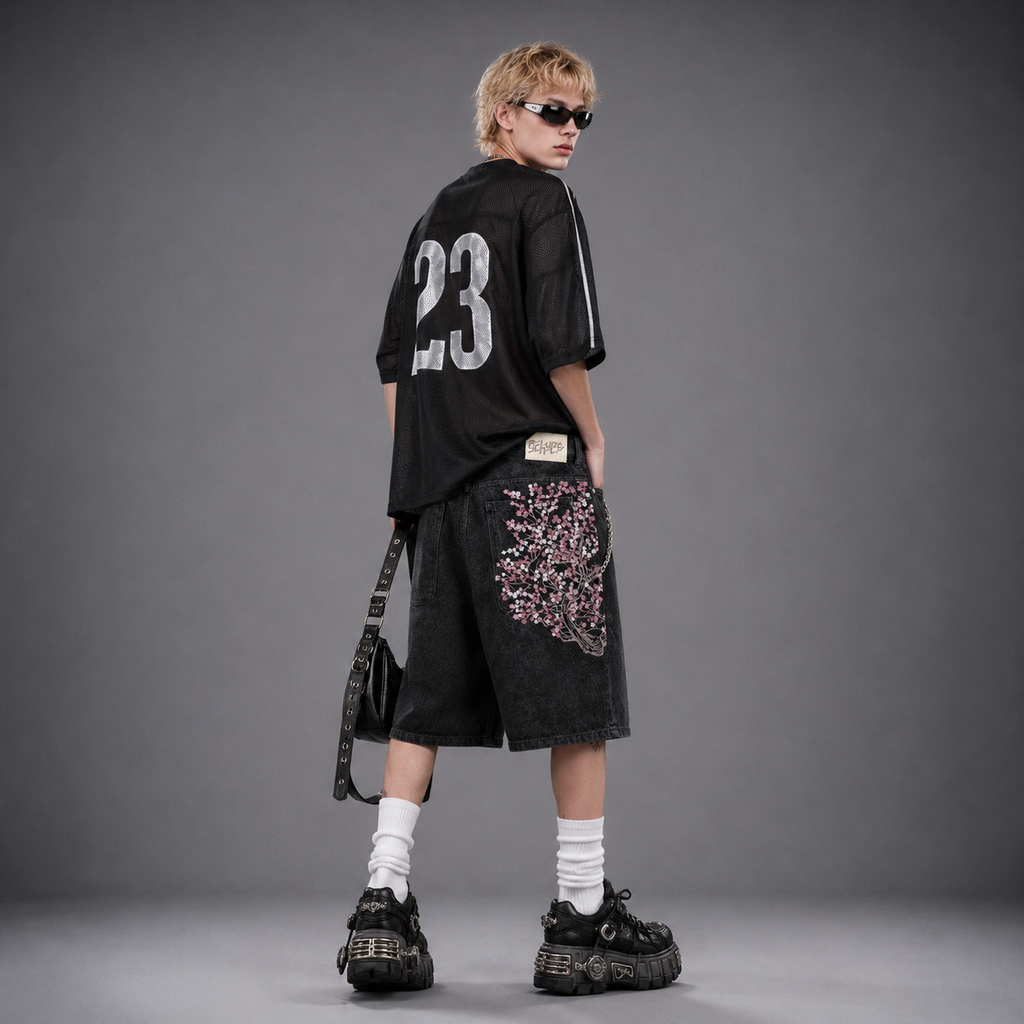 Harajuku Y2K Cherry Blossom Embroidered Black Denim Shorts
