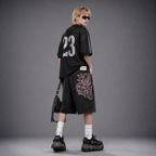 Harajuku Y2K Cherry Blossom Embroidered Black Denim Shorts