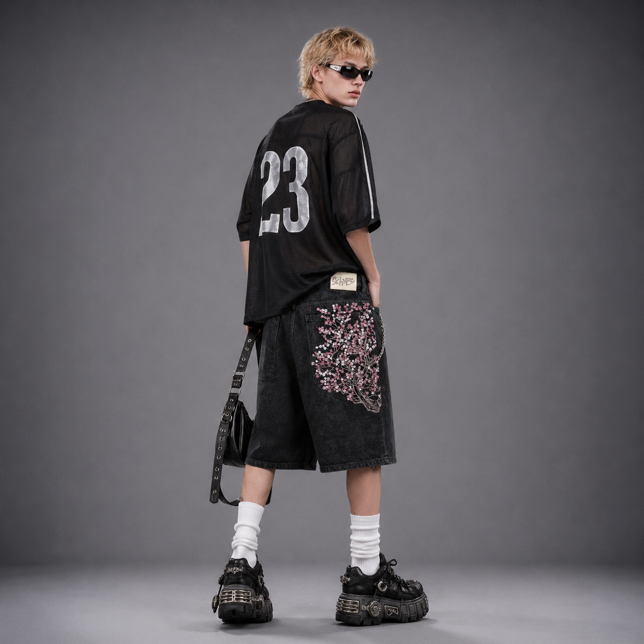 Harajuku Y2K Cherry Blossom Embroidered Black Denim Shorts