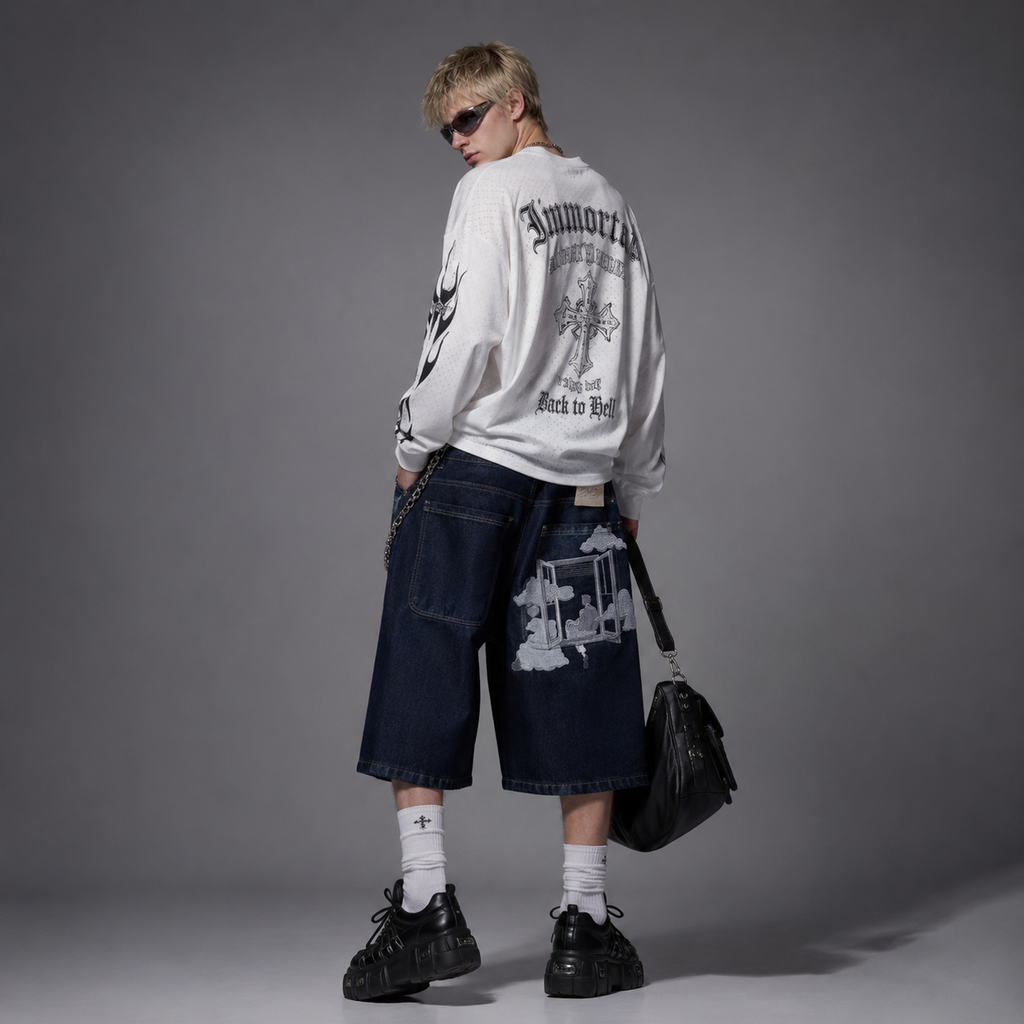 Aesthetic Window & Clouds Embroidered Black Denim Shorts
