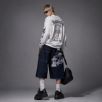 Aesthetic Window & Clouds Embroidered Black Denim Shorts