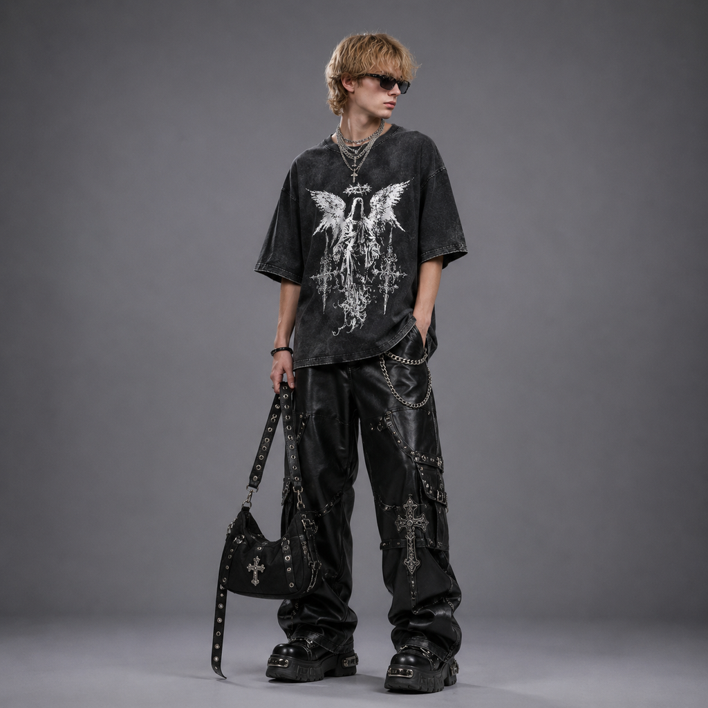 Gothic Opium Fallen Angel Washed Black Oversized Tee