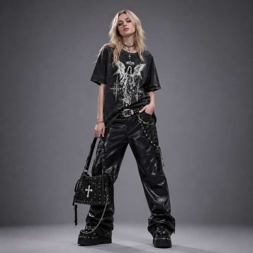 Gothic Opium Fallen Angel Washed Black Oversized Tee