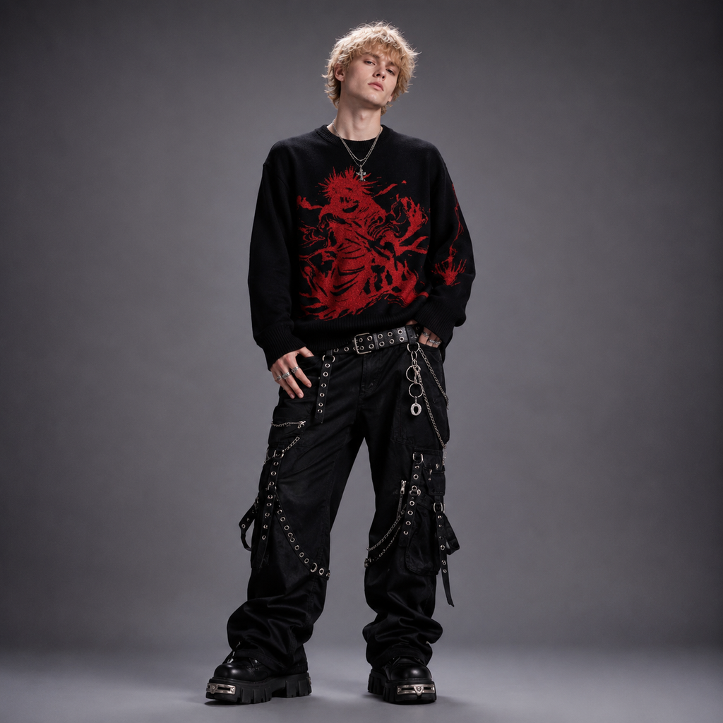 Y2K Streetwear Gothic Grunge Black and Red Graphic Knit Sweater