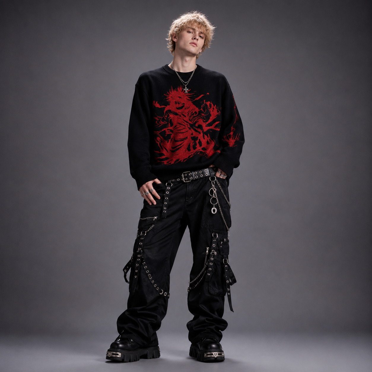 Y2K Streetwear Gothic Grunge Black and Red Graphic Knit Sweater
