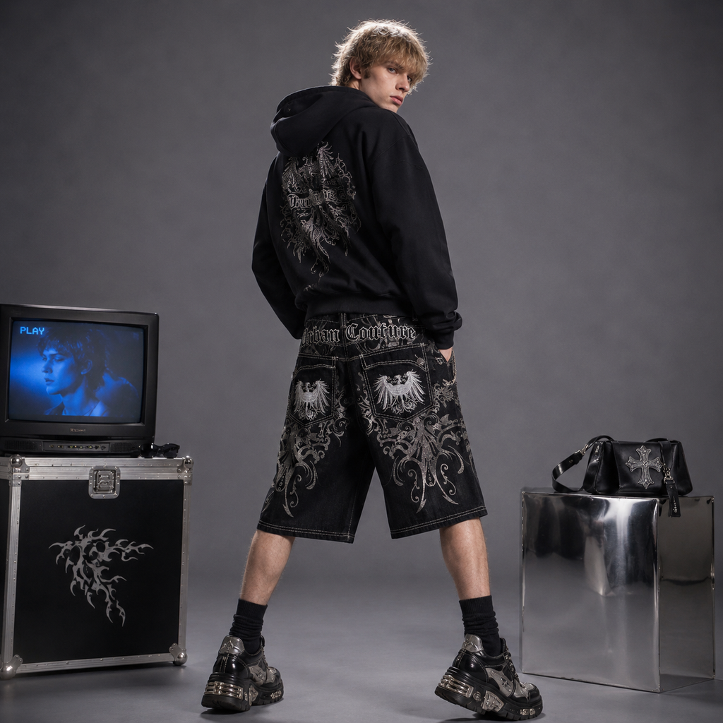 Y2K Grunge Cyber Gothic Embroidered Denim Shorts
