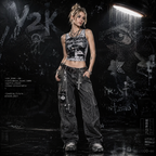 Grunge Punk Tie Dye Eye Letter Graphic Tank Top Women Y2K Crop Top Vest Streetwear