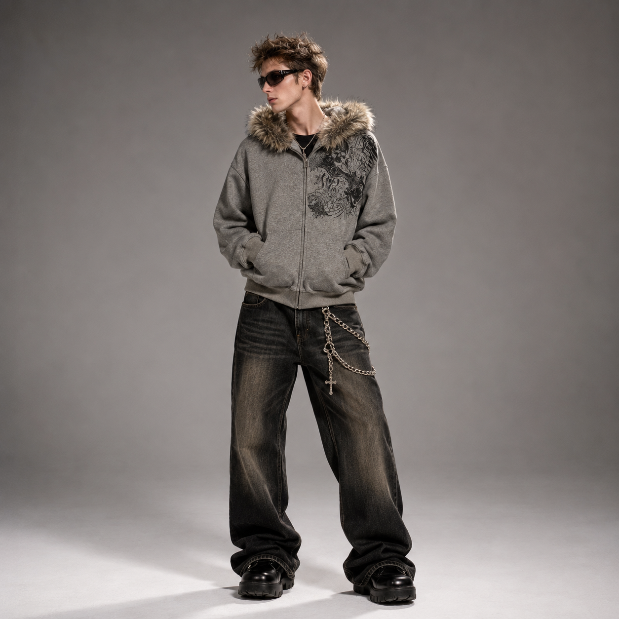 Y2K Aesthetic Harajuku Faux Fur Collar Hoodies Punk Gothic Zip Up Hoodies
