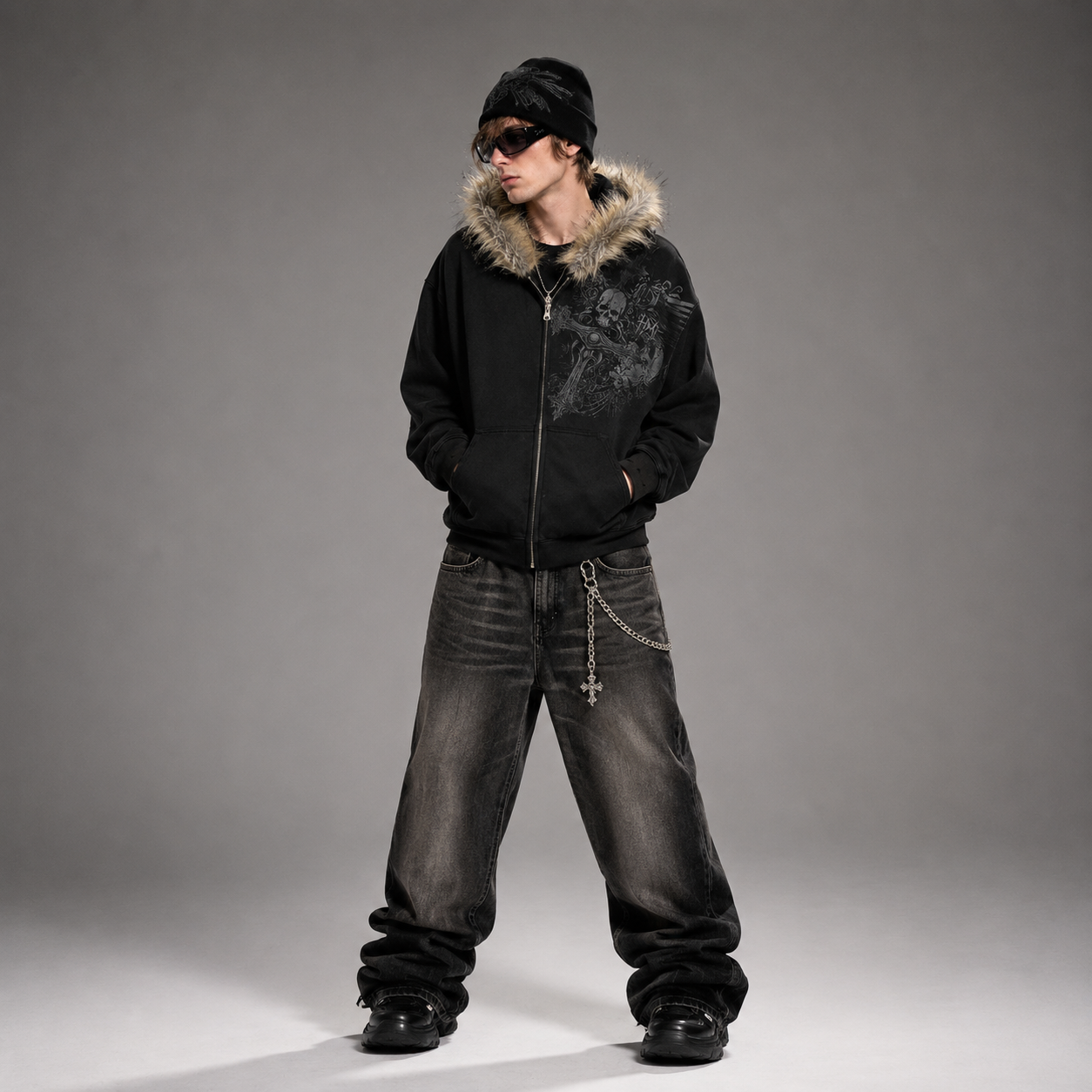 Y2K Aesthetic Harajuku Faux Fur Collar Hoodies Punk Gothic Zip Up Hoodies