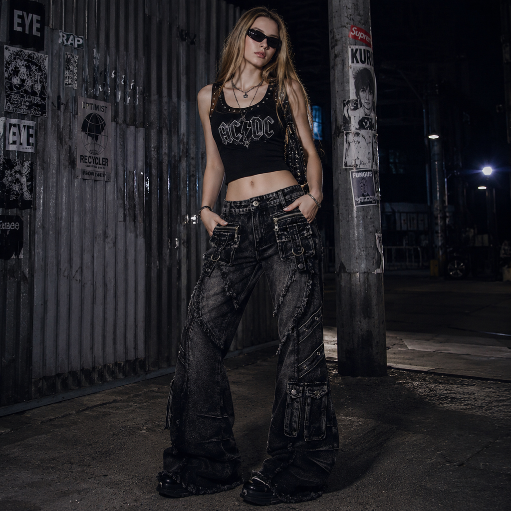 Women's Y2k Baggy Flare Jeans 2000s Style Patchwork Denim Pants