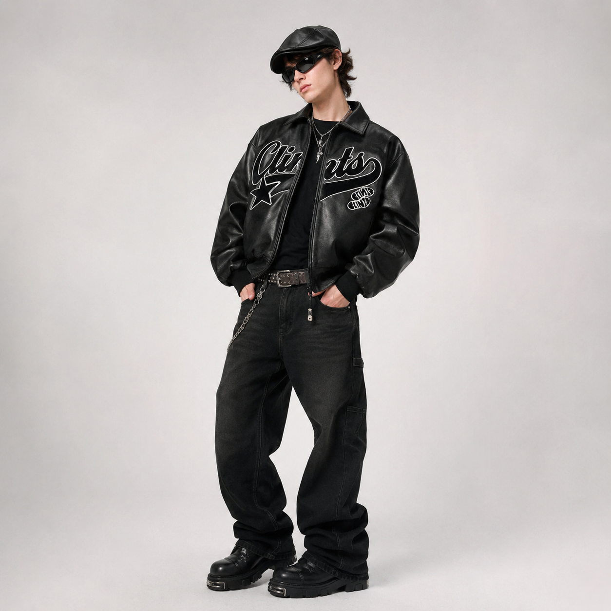 Y2K Streetwear "Clints" Star Faux Leather Bomber Jacket