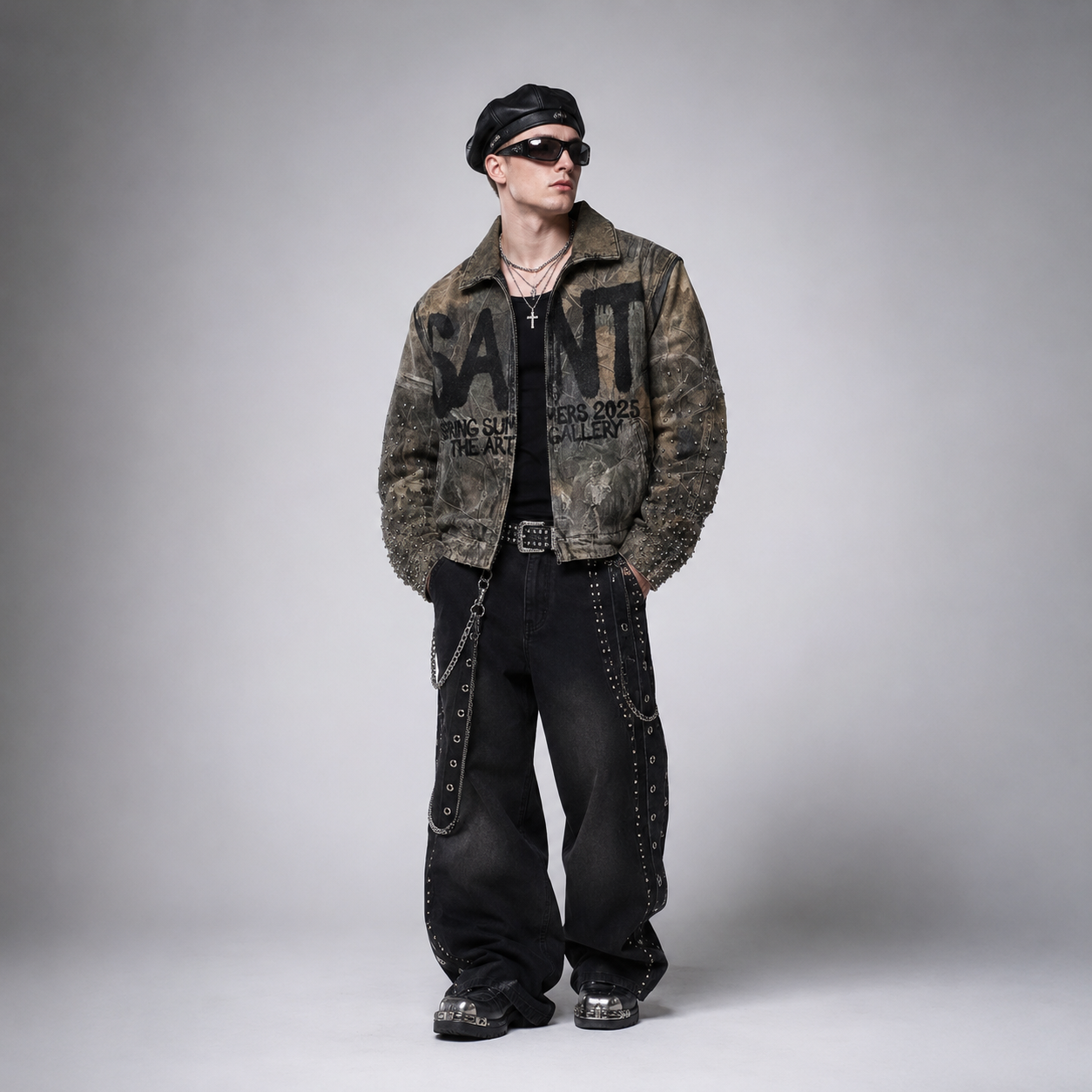 Y2K Avant-Garde Distressed Leaf Camo Studded Jacket