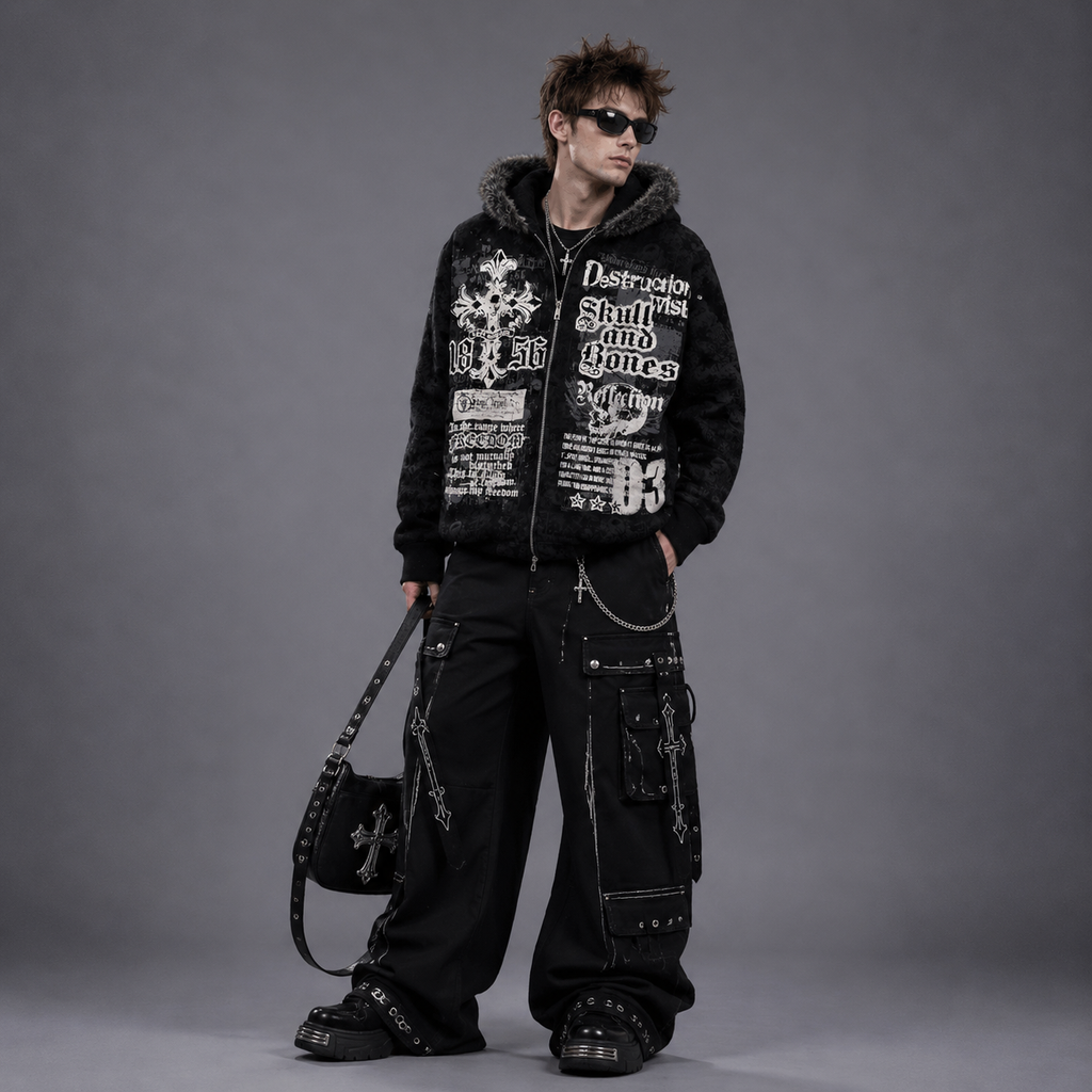 Y2K Fur Cyber Grunge Skull & Cross Faux Fur Zip-Up Hoodie
