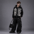 Y2K Fur Cyber Grunge Skull & Cross Faux Fur Zip-Up Hoodie