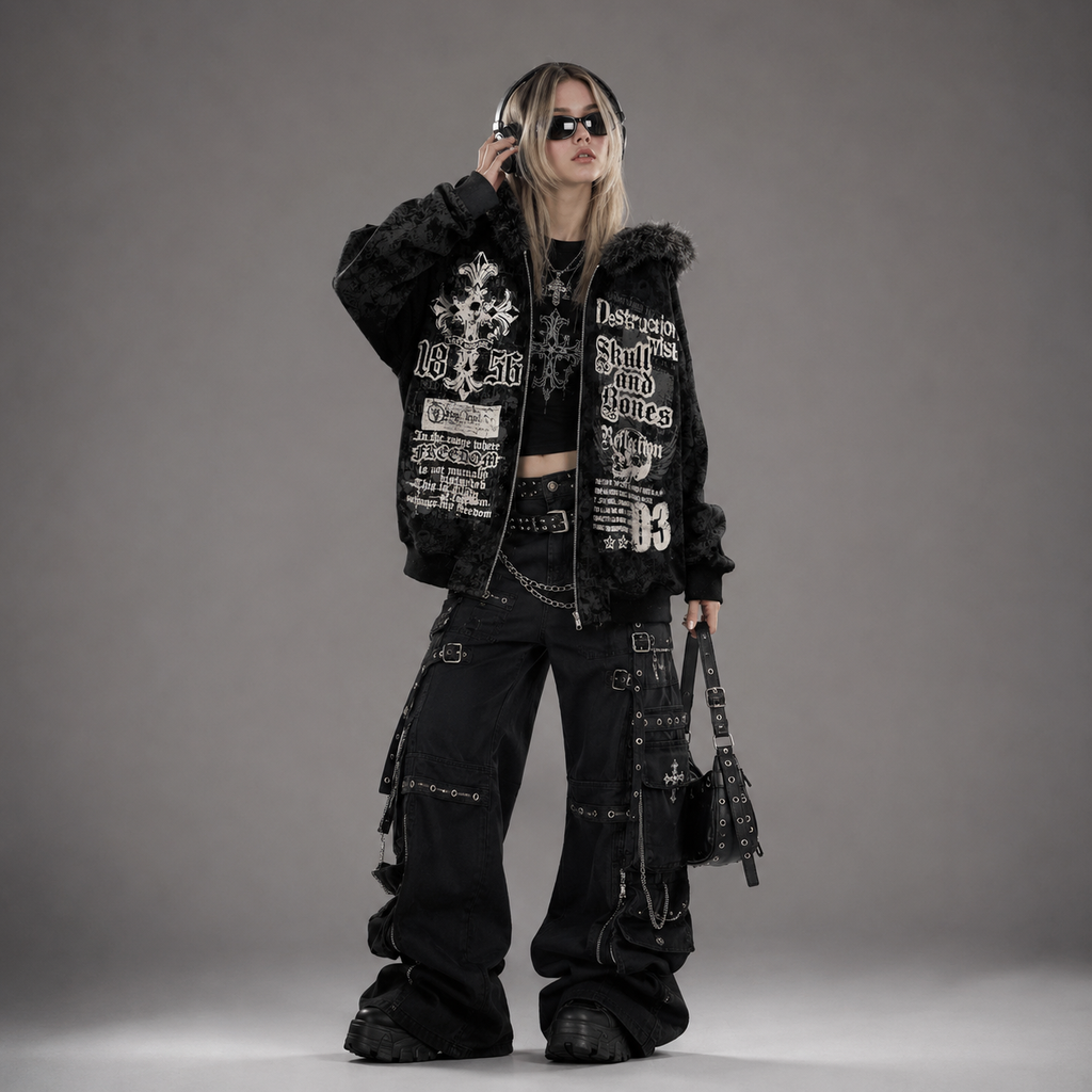 Y2K Fur Cyber Grunge Skull & Cross Faux Fur Zip-Up Hoodie