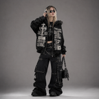 Y2K Fur Cyber Grunge Skull & Cross Faux Fur Zip-Up Hoodie