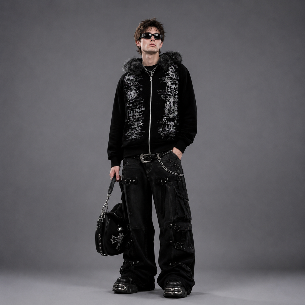 Y2K Fur Cyber Grunge Faux Fur Velour Zip-Up Hoodie