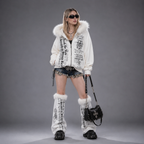Gothic Fur Y2K White Furry Hooded Zip-Up Jacket