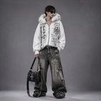 Gothic Fur Y2K White Furry Hooded Zip-Up Jacket