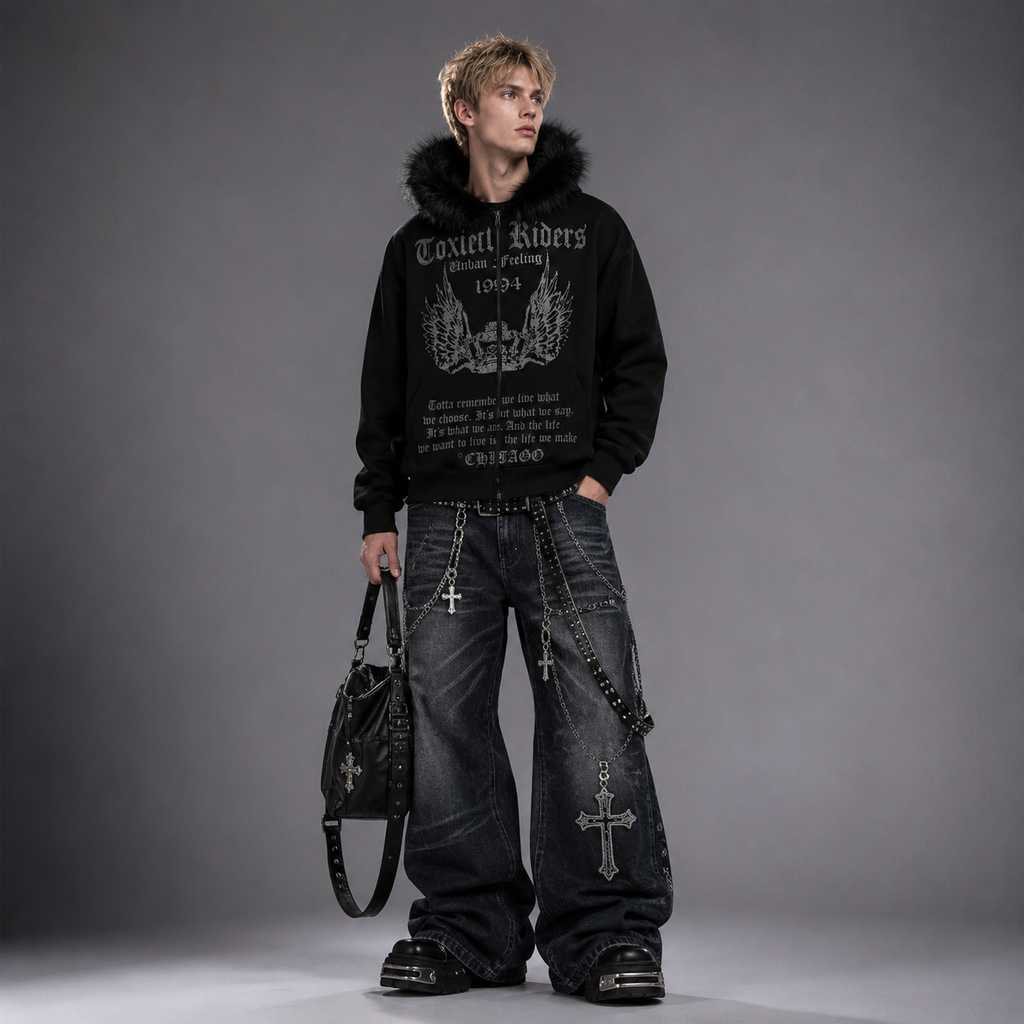 Y2K Fur Gothic Grunge Black Furry Hooded Zip-Up Jacket