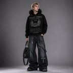 Y2K Fur Gothic Grunge Black Furry Hooded Zip-Up Jacket