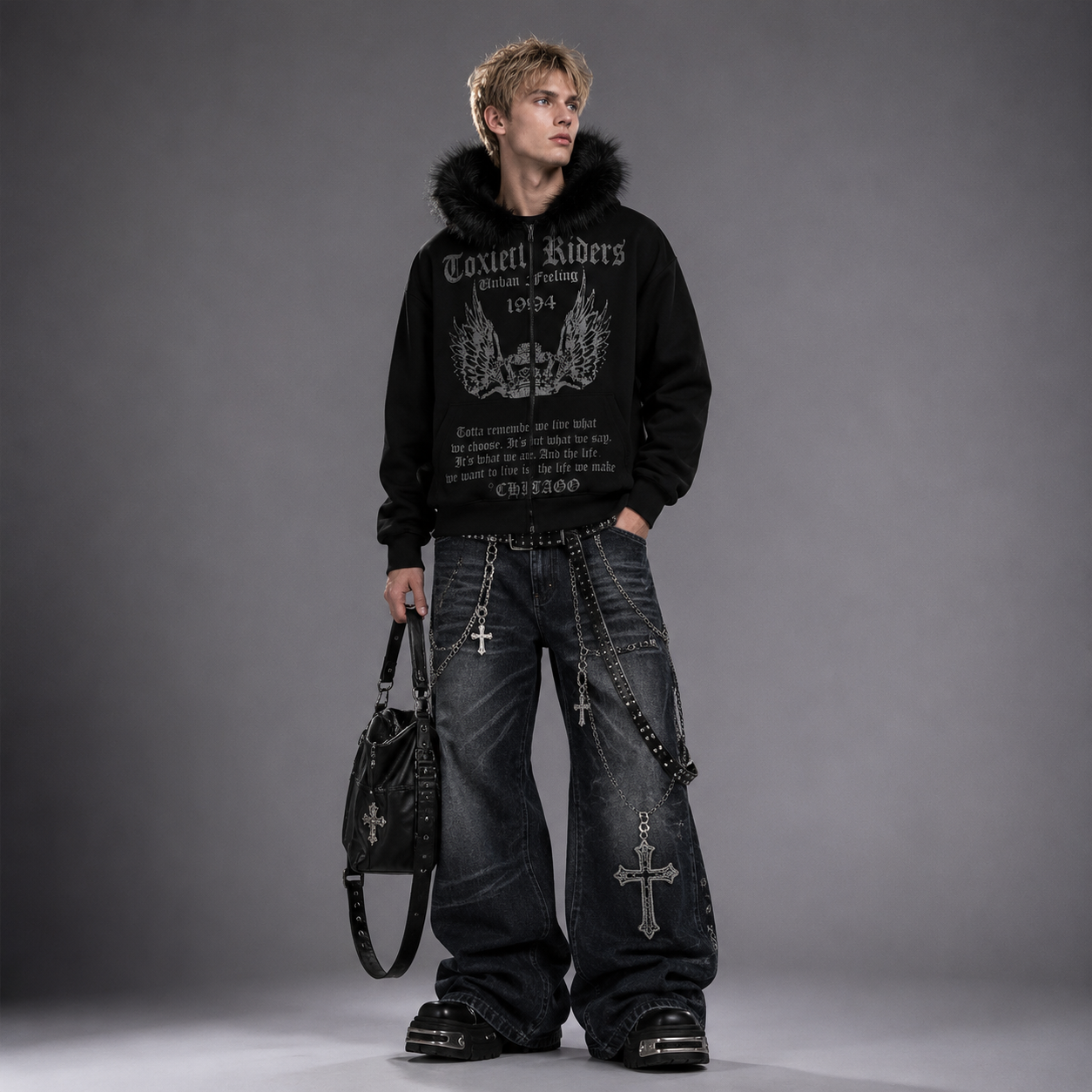 Y2K Fur Gothic Grunge Black Furry Hooded Zip-Up Jacket