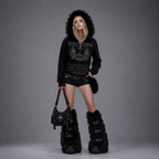 Y2K Fur Gothic Grunge Black Furry Hooded Zip-Up Jacket