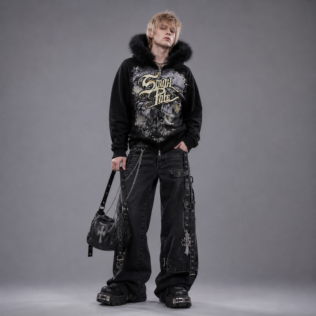 Y2K Fur Vintage Southpole Y2K Black Furry Hooded Zip-Up Hoodie