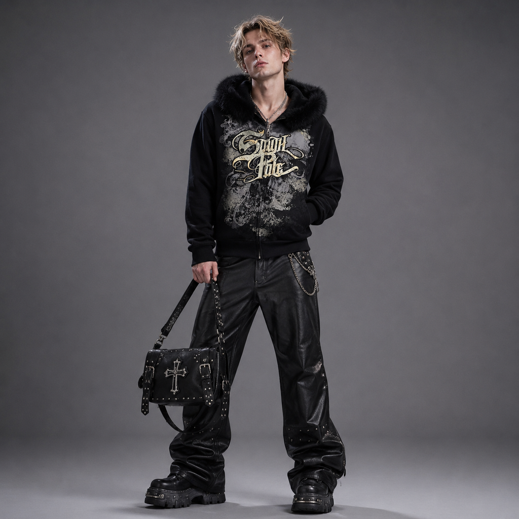 Y2K Fur Vintage Southpole Y2K Black Furry Hooded Zip-Up Hoodie