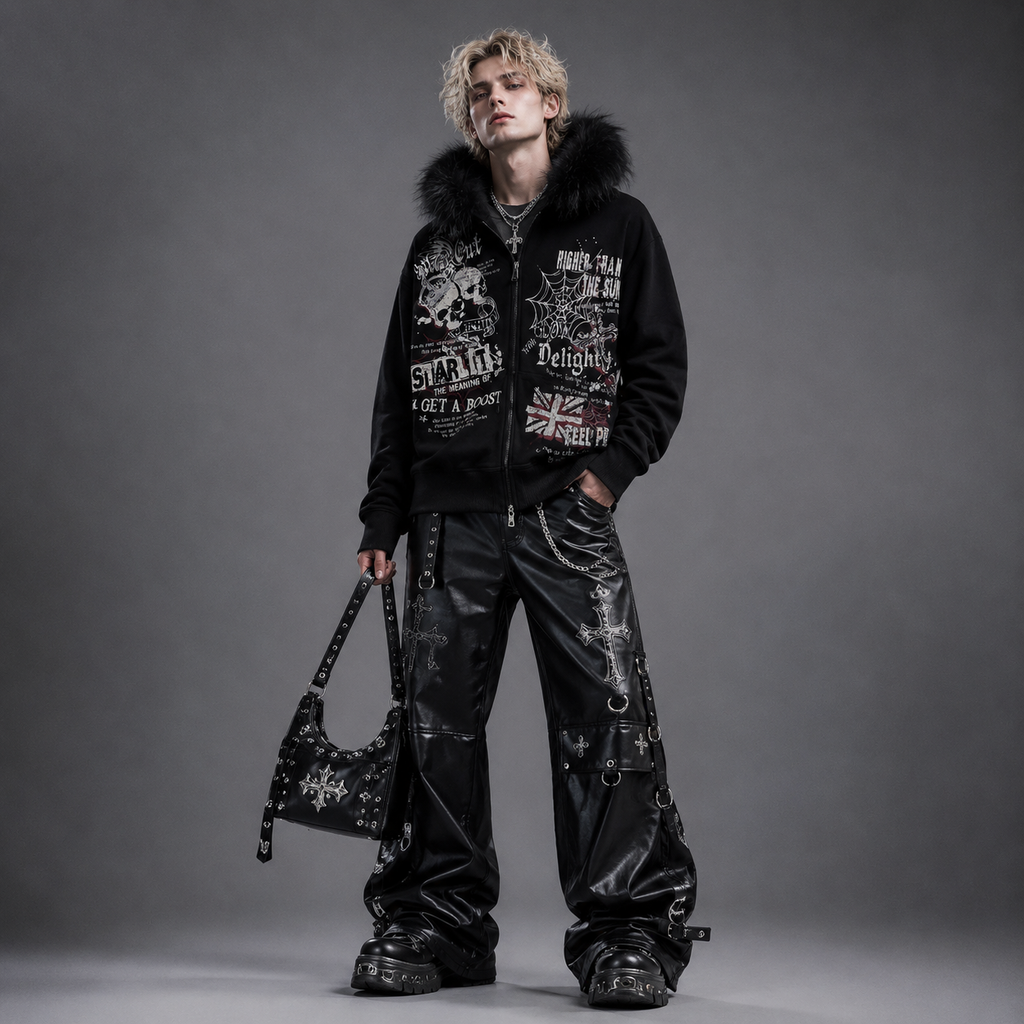 Fur Gothic Y2K Skulls & Web Black Furry Hooded Zip-Up Jacket