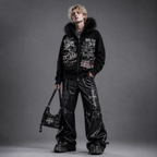 Fur Gothic Y2K Skulls & Web Black Furry Hooded Zip-Up Jacket