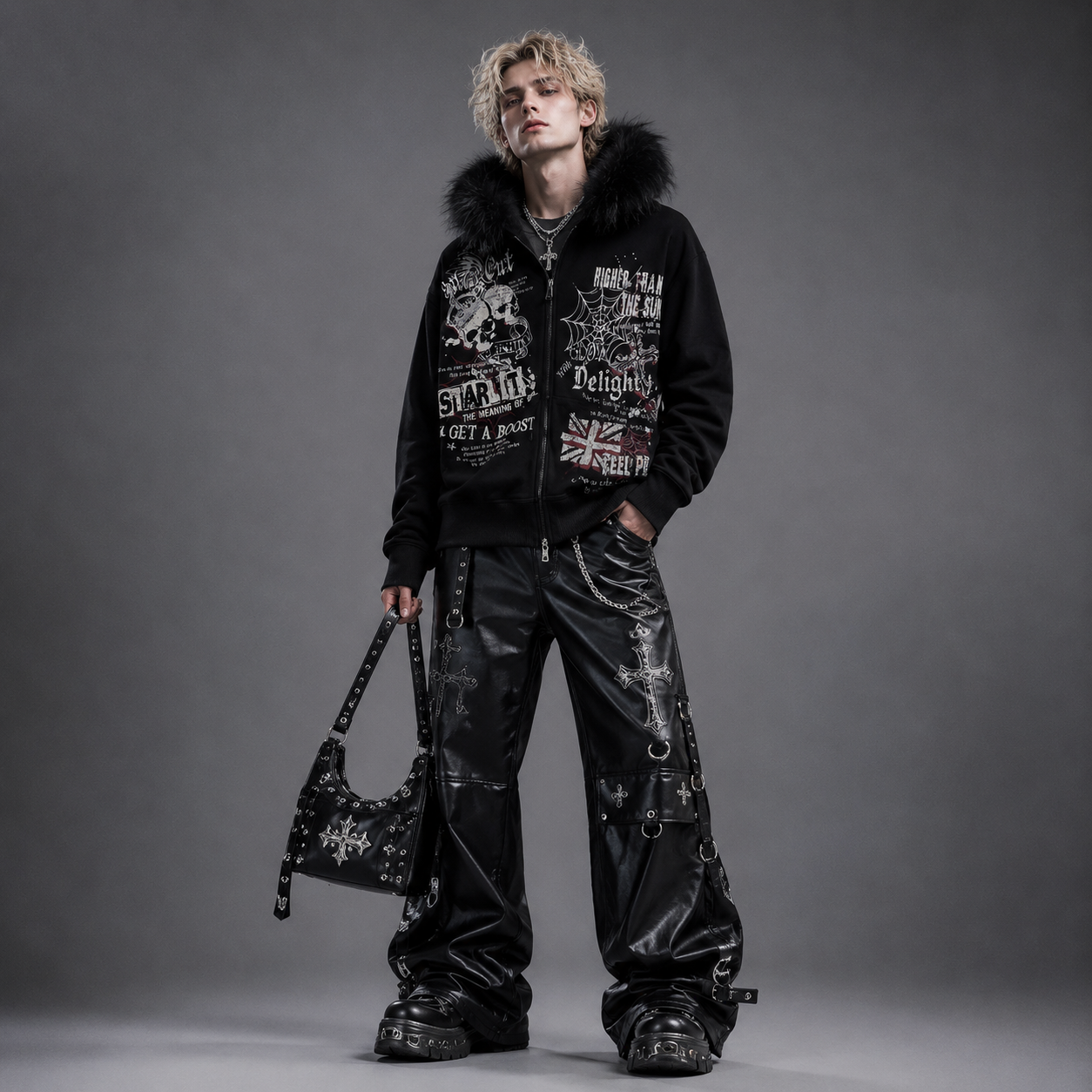 Fur Gothic Y2K Skulls & Web Black Furry Hooded Zip-Up Jacket