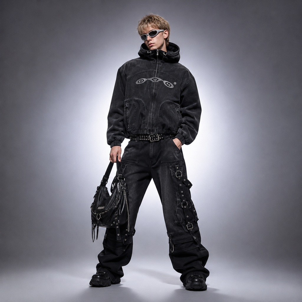 Y2K Cyber Opium Washed Black Hooded Puffer Jacket