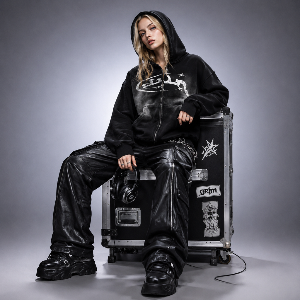 Vintage Washed Black Y2K Cyber Graphic Zip-Up Hoodie