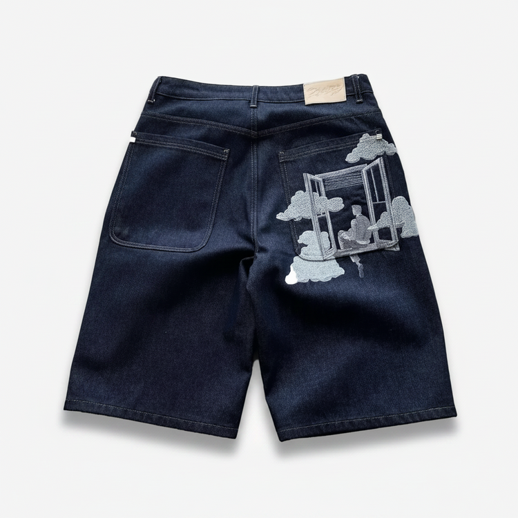 Aesthetic Window & Clouds Embroidered Black Denim Shorts