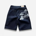 Aesthetic Window & Clouds Embroidered Black Denim Shorts