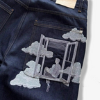 Aesthetic Window & Clouds Embroidered Black Denim Shorts