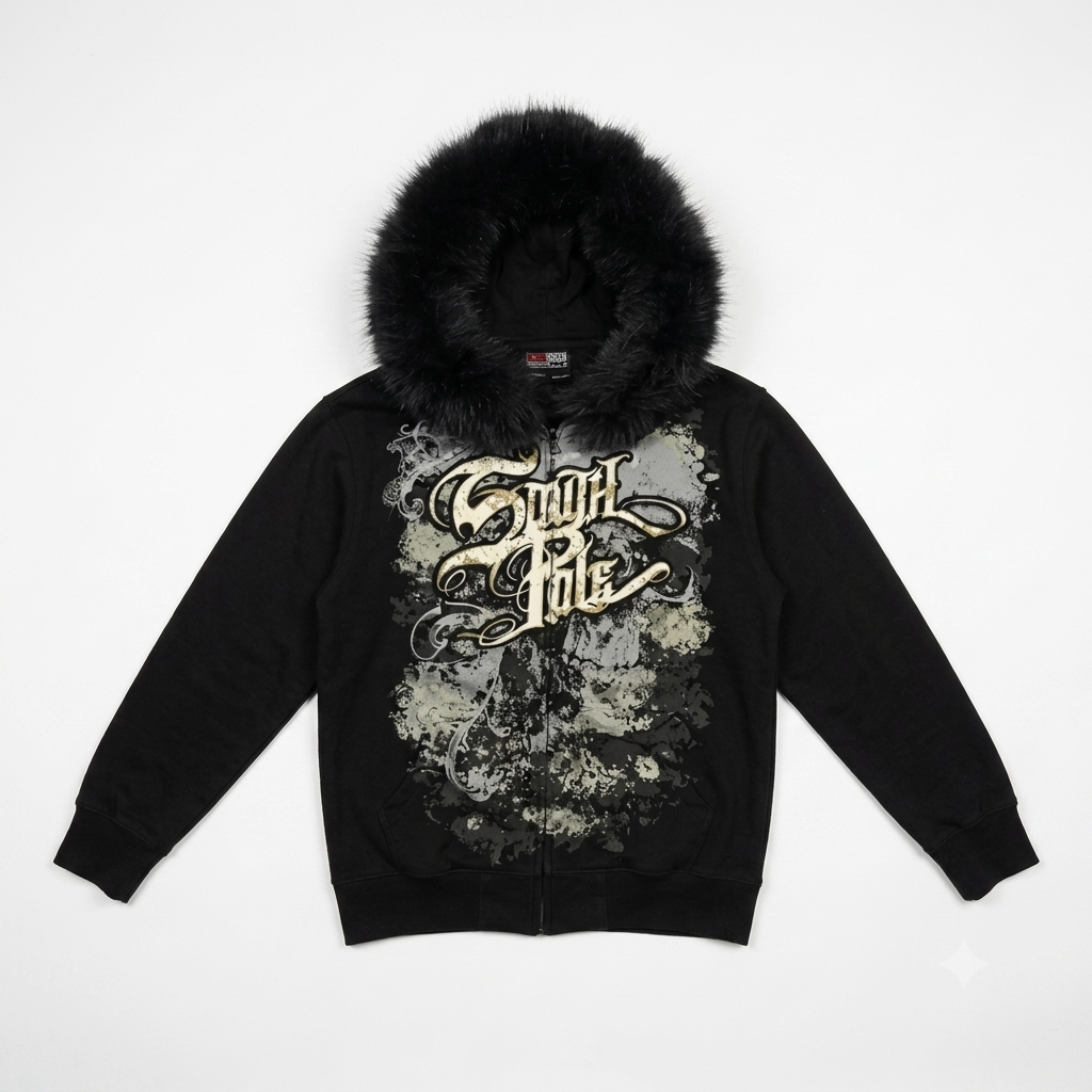 Y2K Fur Vintage Southpole Y2K Black Furry Hooded Zip-Up Hoodie